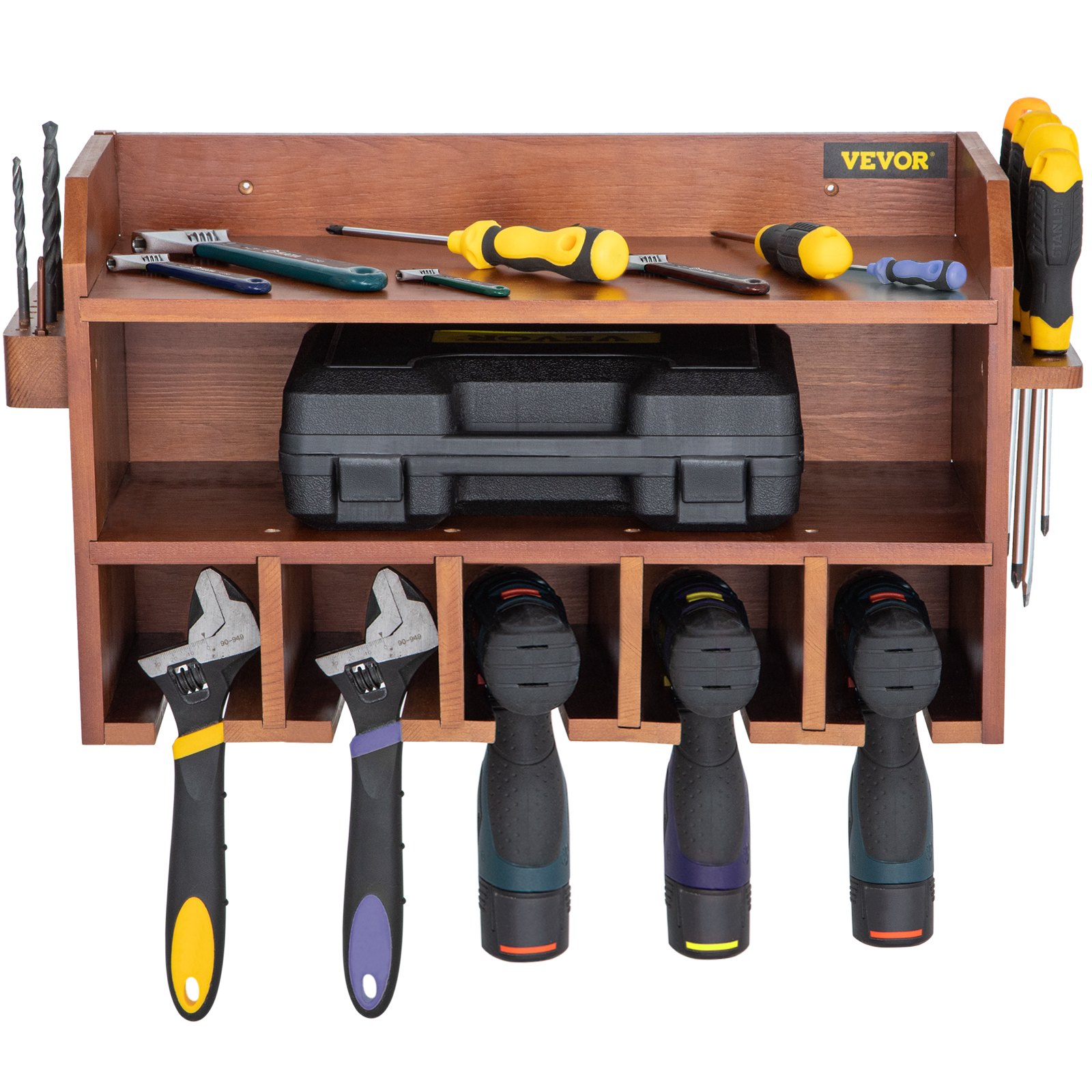 VEVOR Power Tool Organizer, Wall Mount Drill Holder, 5 Drill Hanging Slots Drill Charging Station, 2-Shelf Cordless Drill Storage, Polished Wooden Toolbox for Saw, Wrench, Screwdriver Drill Brown