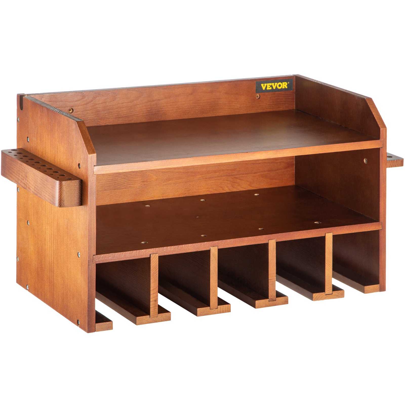 VEVOR Power Tool Organizer, Wall Mount Drill Holder, 5 Drill Hanging Slots Drill Charging Station, 2-Shelf Cordless Drill Storage, Polished Wooden Toolbox for Saw, Wrench, Screwdriver Drill Brown