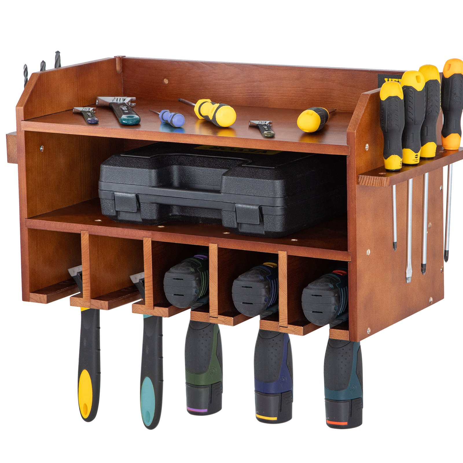 VEVOR Power Tool Organizer, Wall Mount Drill Holder, 5 Drill Hanging Slots Drill Charging Station, 2-Shelf Cordless Drill Storage, Polished Wooden Toolbox for Saw, Wrench, Screwdriver Drill Brown