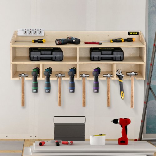 VEVOR Power Tool Organizer, Wall Mount Drill Holder, 10 Drill Hanging Slots Drill Charging Station, 2 Shelf Cordless Drill Storage, Polished Plywood Toolbox for Saw, Impact Wrench, Screwdriver Drill