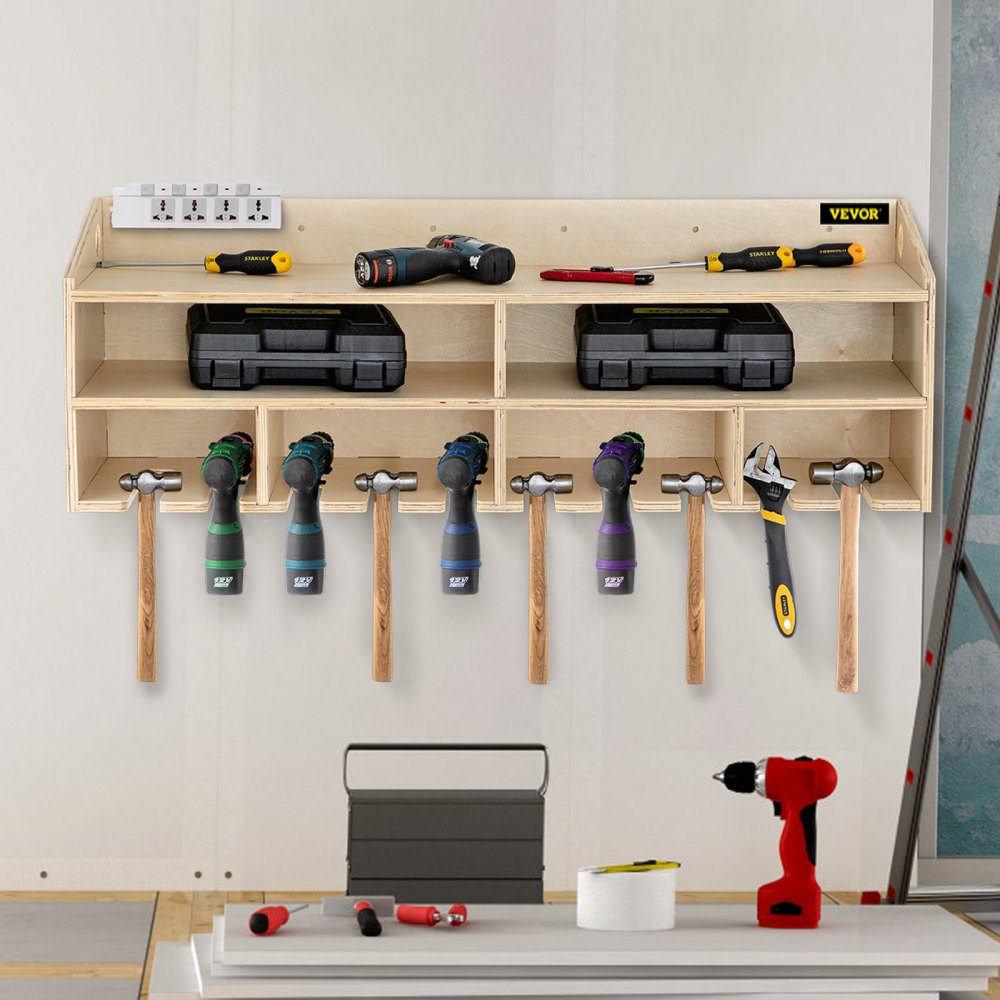 VEVOR Power Tool Organizer, Wall Mount Drill Holder, 10 Drill Hanging Slots Drill Charging Station, 2 Shelf Cordless Drill Storage, Polished Plywood Toolbox for Saw, Impact Wrench, Screwdriver Drill