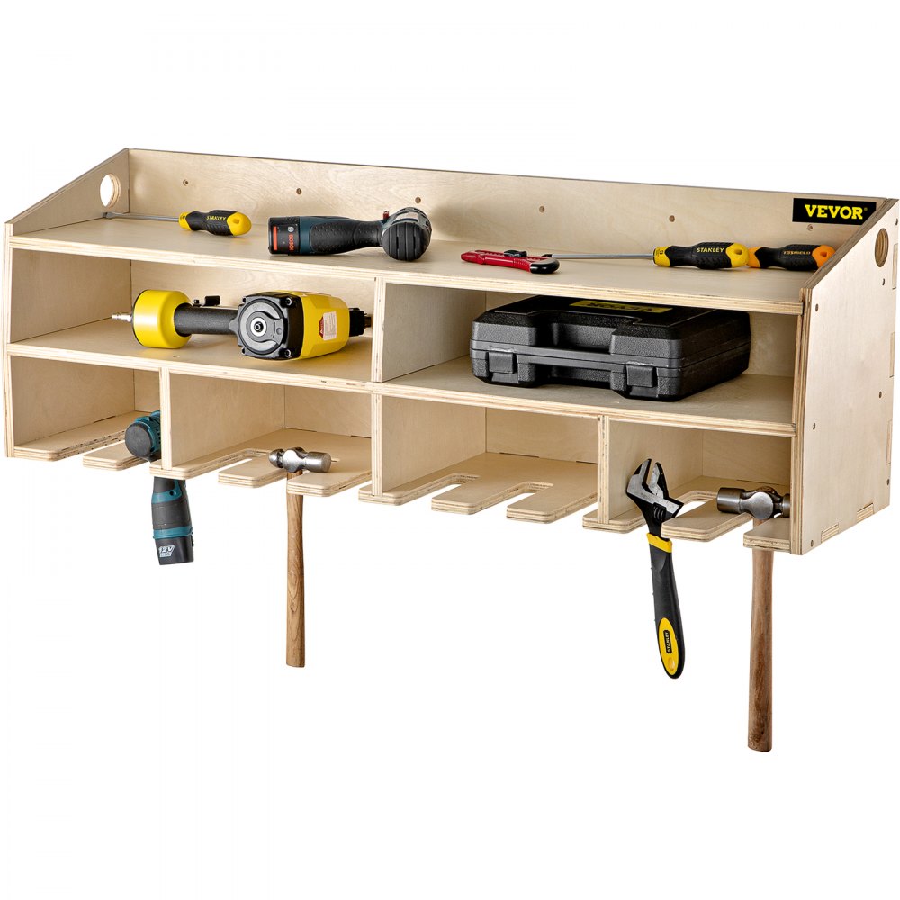 VEVOR Power Tool Organizer, Wall Mount Drill Holder, 10 Drill Hanging Slots Drill Charging Station, 2 Shelf Cordless Drill Storage, Polished Plywood Toolbox for Saw, Impact Wrench, Screwdriver Drill