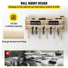 VEVOR Power Tool Organizer, Wall Mount Drill Holder, 10 Drill Hanging Slots Drill Charging Station, 2 Shelf Cordless Drill Storage, Polished Plywood Toolbox for Saw, Impact Wrench, Screwdriver Drill