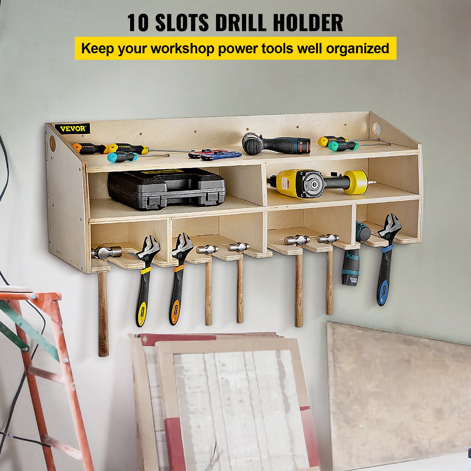 VEVOR Power Tool Organizer, Wall Mount Drill Holder, 10 Drill Hanging Slots Drill Charging Station, 2 Shelf Cordless Drill Storage, Polished Plywood Toolbox for Saw, Impact Wrench, Screwdriver Drill