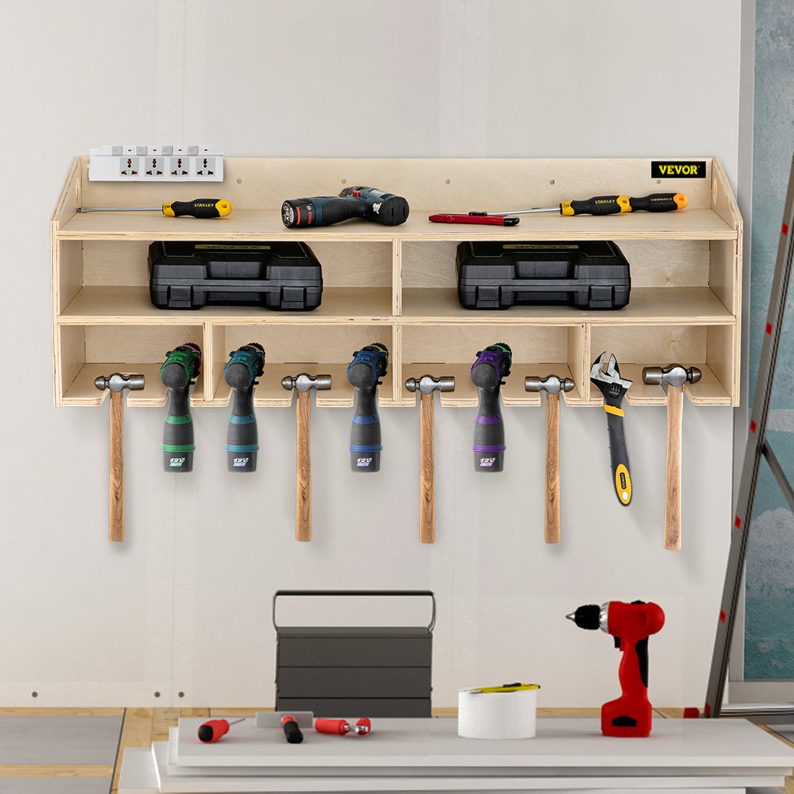 VEVOR Power Tool Organizer, Wall Mount Drill Holder, 10 Drill Hanging Slots Drill Charging Station, 2 Shelf Cordless Drill Storage, Polished Plywood Toolbox for Saw, Impact Wrench, Screwdriver Drill