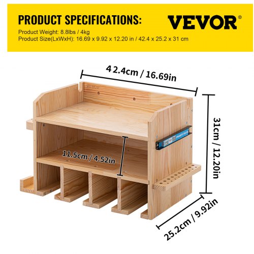 VEVOR Power Tool Organizer, Wall Mounted Drill Holder, 4 Hanging Slots Drill Charging Station, 2-Shelf Cordless Drill Storage, Polished Wooden Toolbox for Saw, Wrench, Screwdriver Drill