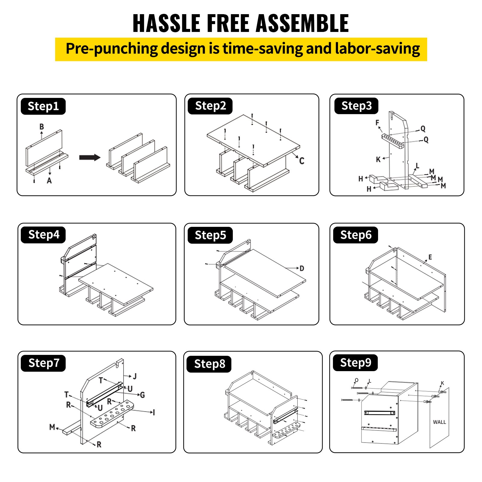 assembly steps for VEVOR power tool organizer with pre-punched design for easy and quick setup.