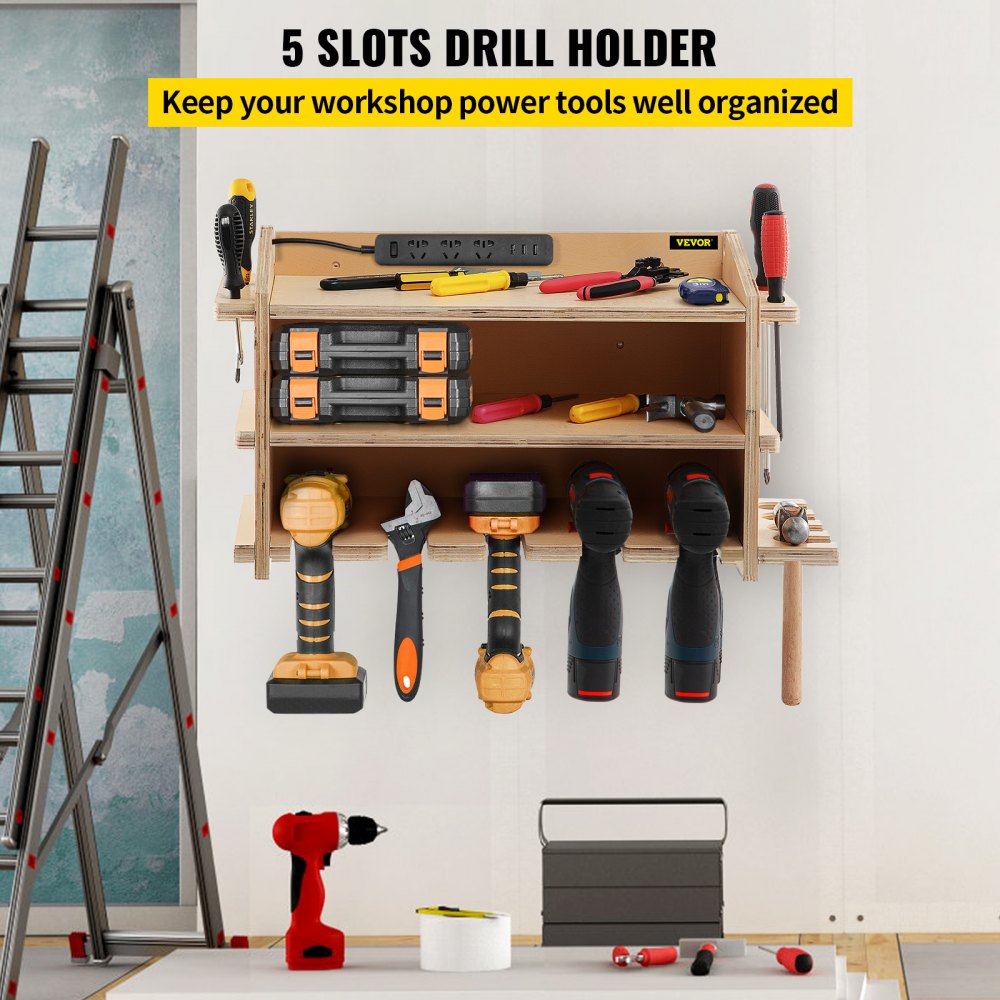 VEVOR Power Tool Organizer Wall Mount Drill Holder 4 Drill Hanging Slots Drill Charging Station 3-Shelf Cordless Drill Storage Polished Wooden
