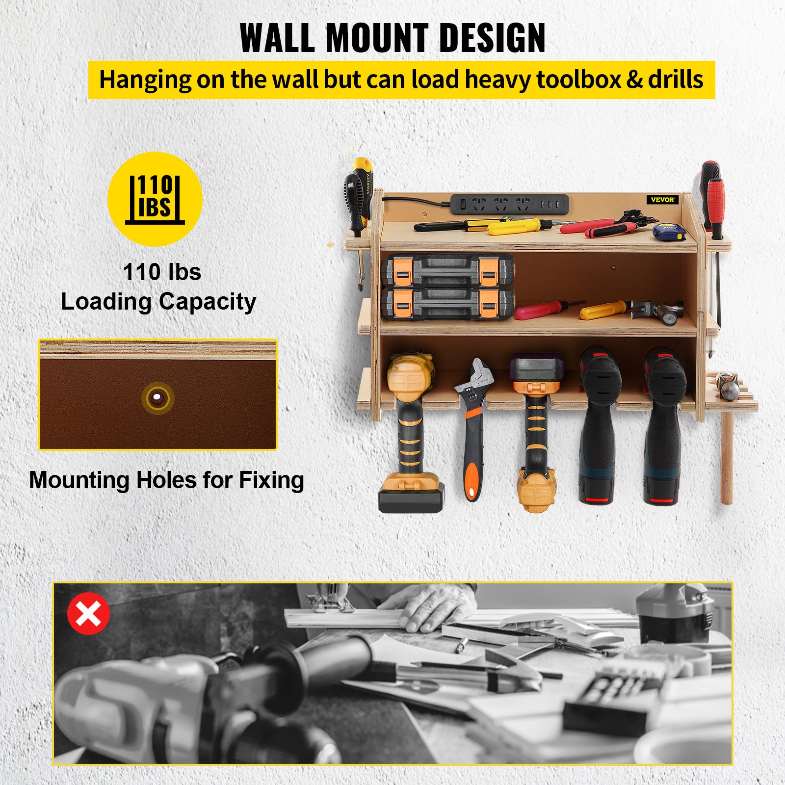 VEVOR Power Tool Organizer, Wall Mounted Drill Holder, 5 Drill Hanging Slots Drill Charging Station, 2-Shelf Cordless Drill Storage, Polished Plywood Toolbox for Saw, Impact Wrench, Screwdriver Drill