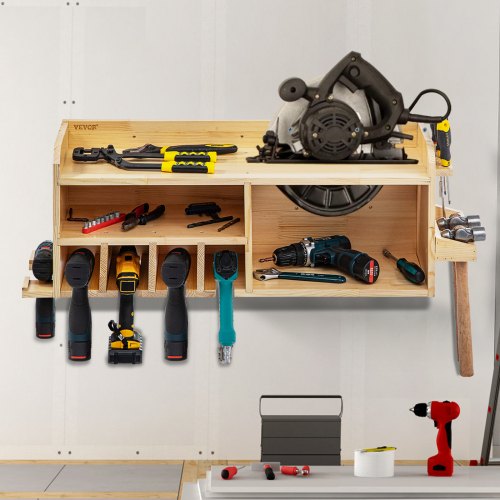 VEVOR Power Tool Organizer, Wall Mount Drill Holder, 4 Drill Hanging Slots Drill Charging Station, 3-Shelf Cordless Drill Storage, Polished Wooden Toolbox for Saw, Impact Wrench, Screwdriver Drill