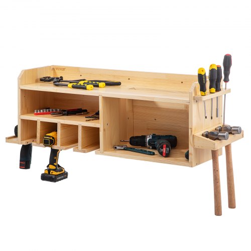 VEVOR Power Tool Organizer, Wall Mount Drill Holder, 4 Drill Hanging Slots Drill Charging Station, 3-Shelf Cordless Drill Storage, Polished Wooden Toolbox for Saw, Impact Wrench, Screwdriver Drill