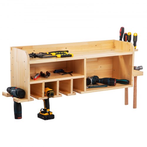 VEVOR Power Tool Organizer, Wall Mount Drill Holder, 4 Drill Hanging Slots Drill Charging Station, 3-Shelf Cordless Drill Storage, Polished Wooden Toolbox for Saw, Impact Wrench, Screwdriver Drill