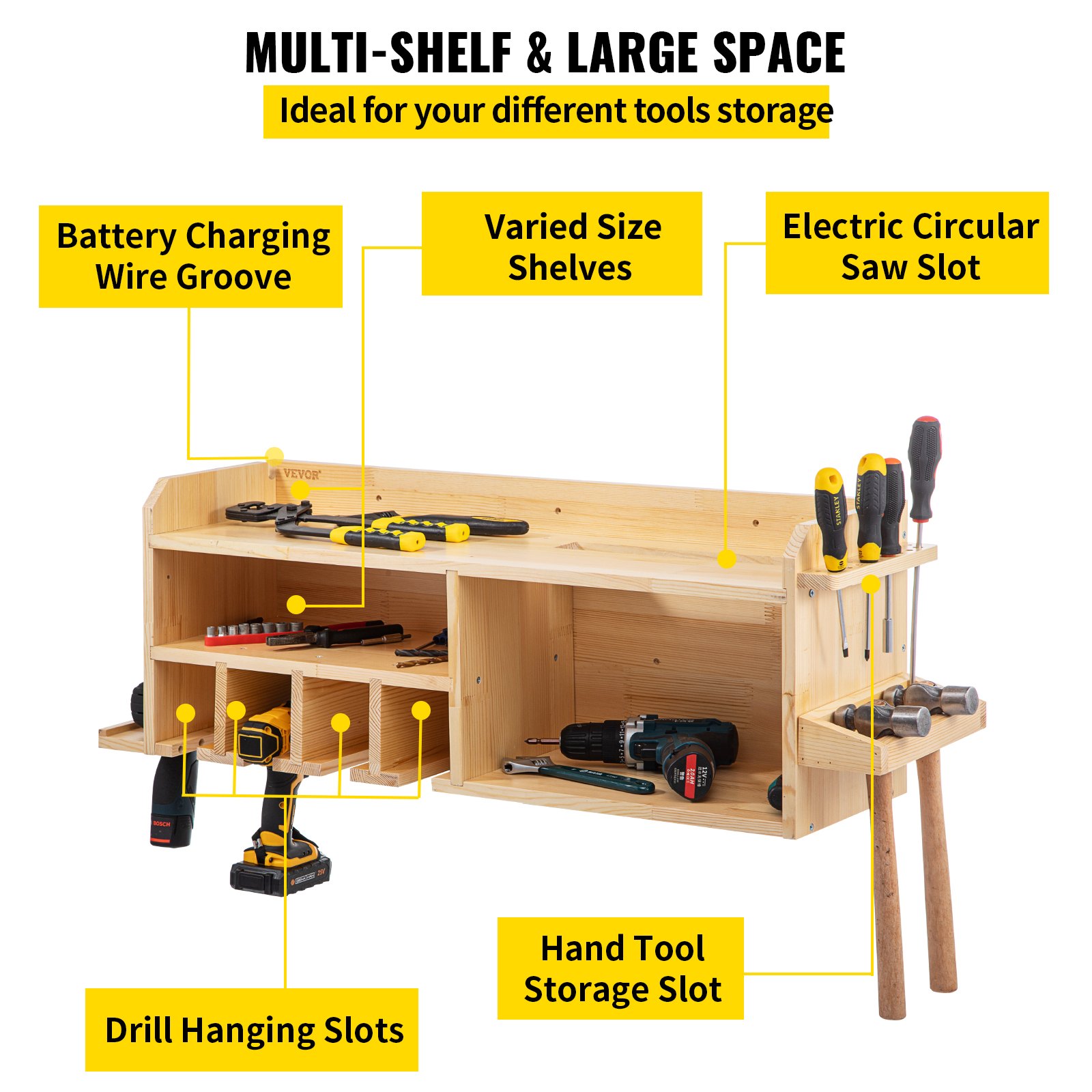 VEVOR Power Tool Organizer, Wall Mount Drill Holder, 4 Drill Hanging Slots Drill Charging Station, 3-Shelf Cordless Drill Storage, Polished Wooden Toolbox for Saw, Impact Wrench, Screwdriver Drill