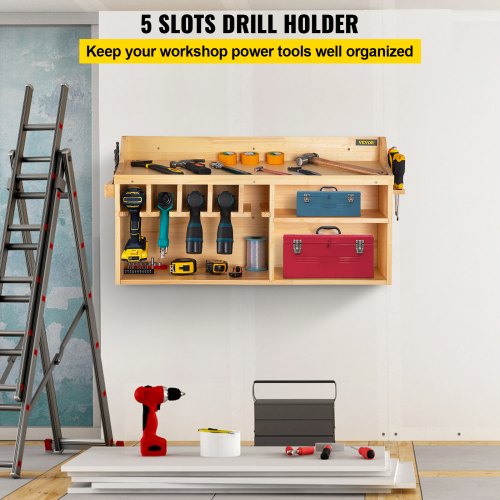 VEVOR Power Tool Organizer, Wall Mount/Benchtop Drill Holder, 5 Hanging Slots Drill Charging Station, 4-Shelf Cordless Drill Storage, Polished Wooden Toolbox for Saw, Wrench, Screwdriver Drill