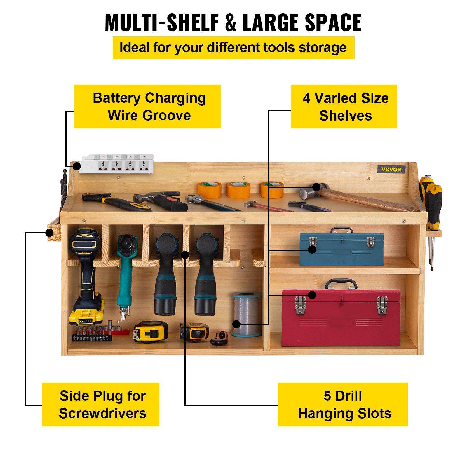 VEVOR Power Tool Organizer, Wall Mount/Benchtop Drill Holder, 5 Hanging Slots Drill Charging Station, 4-Shelf Cordless Drill Storage, Polished Wooden Toolbox for Saw, Wrench, Screwdriver Drill