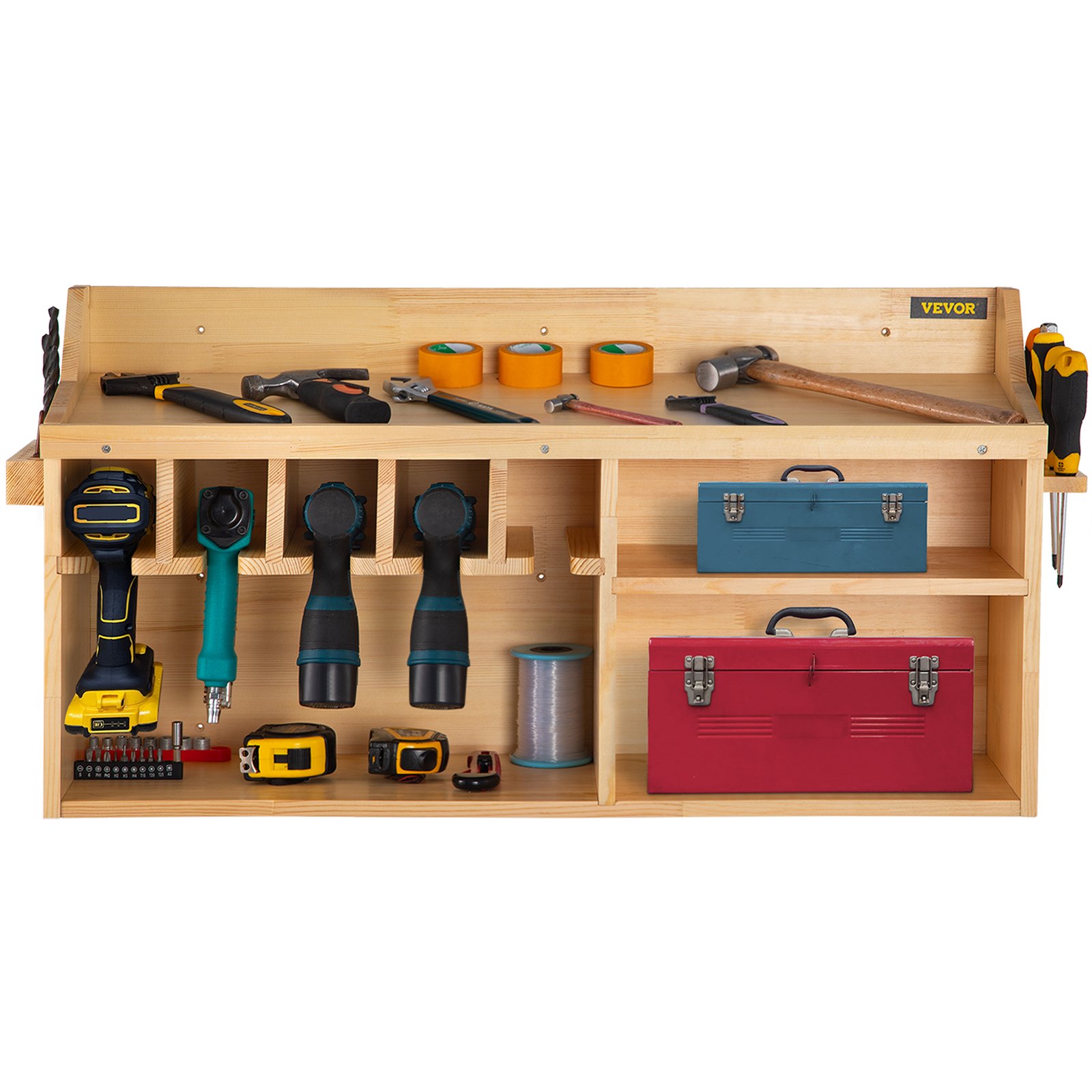 VEVOR Power Tool Organizer, Wall Mount/Benchtop Drill Holder, 5 Hanging Slots Drill Charging Station, 4-Shelf Cordless Drill Storage, Polished Wooden Toolbox for Saw, Wrench, Screwdriver Drill