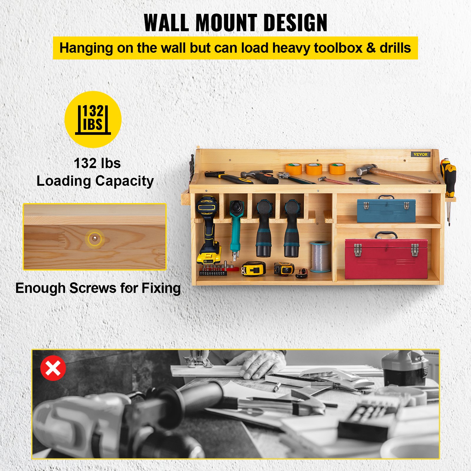 VEVOR Power Tool Organizer, Wall Mount/Benchtop Drill Holder, 5 Hanging Slots Drill Charging Station, 4-Shelf Cordless Drill Storage, Polished Wooden Toolbox for Saw, Wrench, Screwdriver Drill