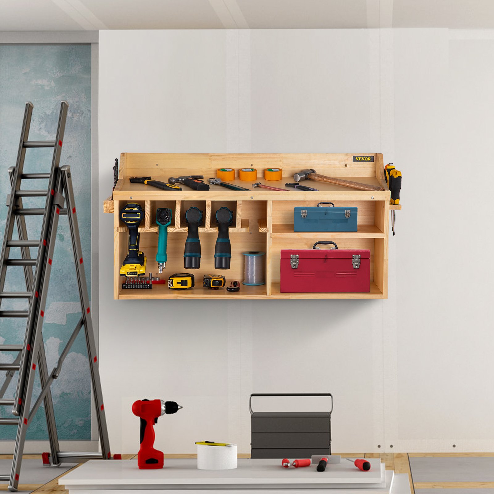 VEVOR Power Tool Organizer, Wall Mount/Benchtop Drill Holder, 5 Hanging Slots Drill Charging Station, 4-Shelf Cordless Drill Storage, Polished Wooden Toolbox for Saw, Wrench, Screwdriver Drill
