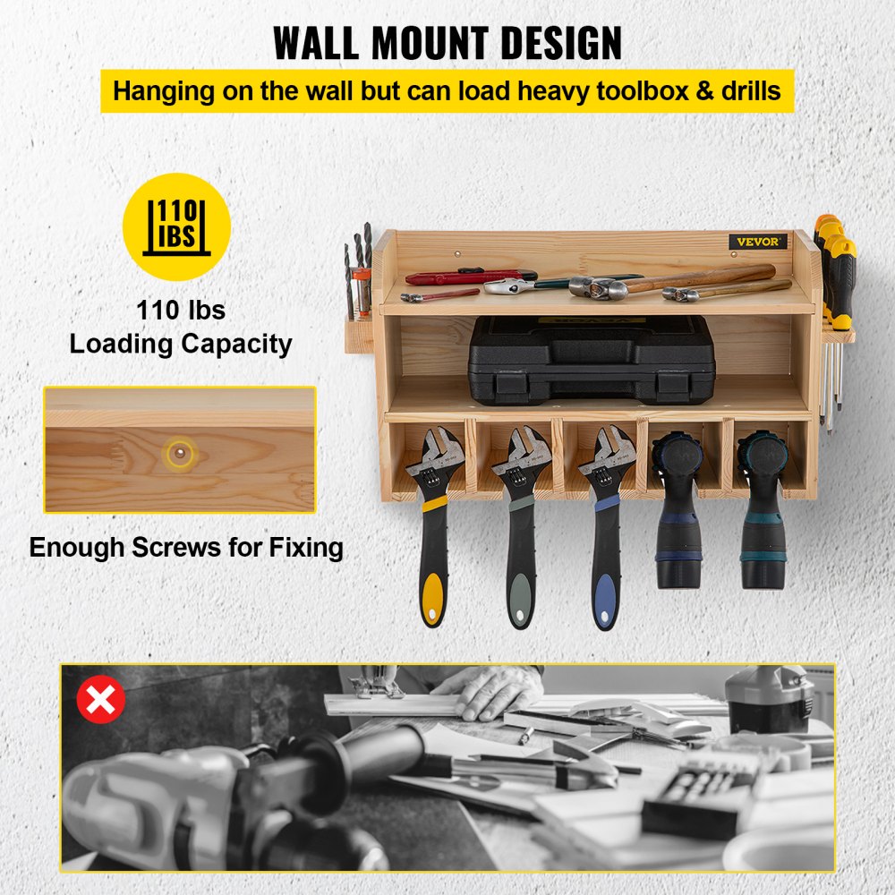 VEVOR Power Tool Organizer, Wall Mount Drill Holder, 5 Drill Hanging Slots Drill Charging Station, 2-Shelf Cordless Drill Storage, Polished Wooden Toolbox for Saw, Impact Wrench, Screwdriver Drill