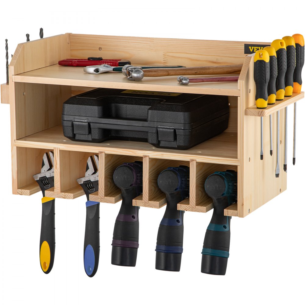 VEVOR Power Tool Organizer Wall Mount Drill Holder 5 Drill Hanging Slots Drill Charging Station 2-Shelf Cordless Drill Storage Polished Wooden