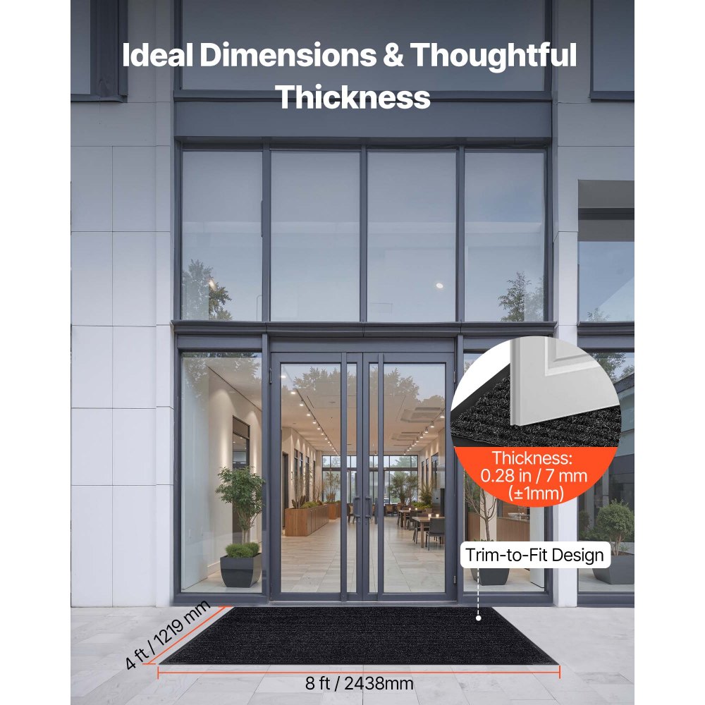 VEVOR ytterdörrsmatta, 2438 x 1219 mm kommersiell golvmatta för inomhus och utomhus, snygg randig industriell matta med PVC-baksida, kraftig tvättbar entrématta för hall, balkong, garage, grå