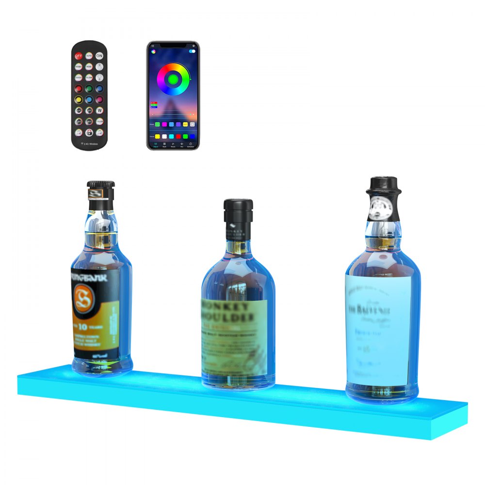 VEVOR led bar shelf with bottles, remote control, and smartphone displaying color wheel app.