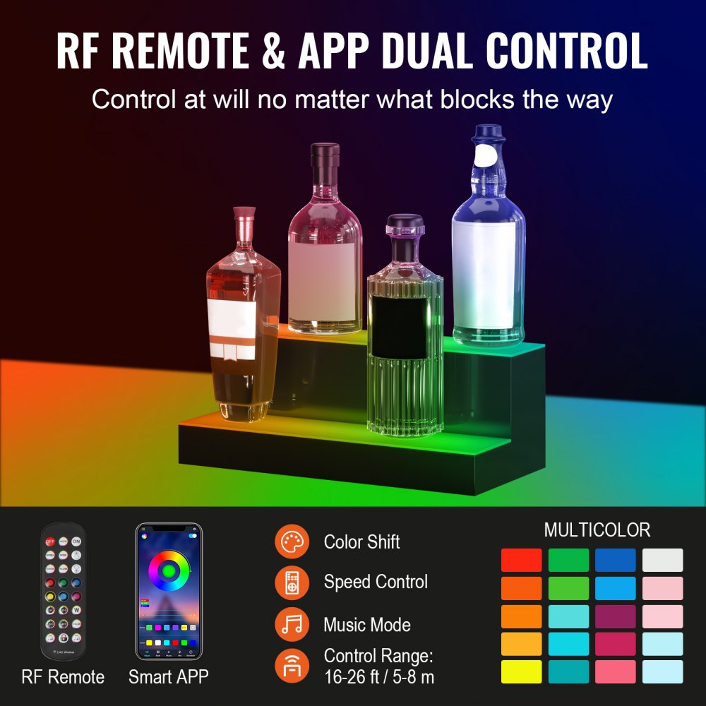 VEVOR LED Lighted Liquor Bottle Display Bar Shelf RF & App Control 16" 2-Step