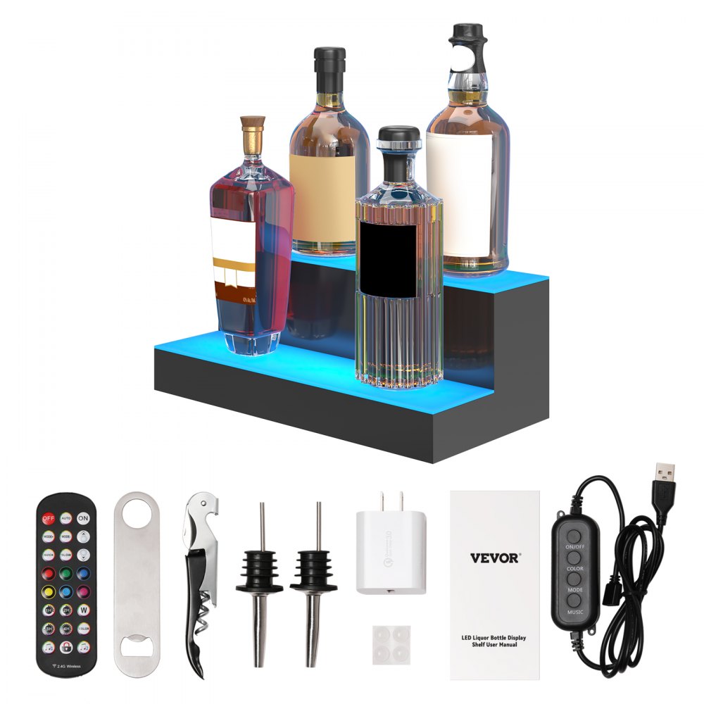 VEVOR led liquor bottle display with remote, corkscrew, pourers, power adapter, and accessories.