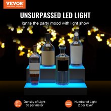 VEVOR LED Lighted Liquor Bottle Display, 2 Tiers 16 Inches, Supports USB, Illuminated Home Bar Shelf with RF Remote & App Control 7 Static Colors 1-4 H Timing, Acrylic Lighting Shelf for 8 Bottles