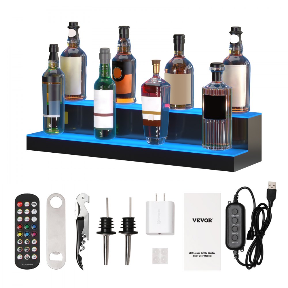 VEVOR Présentoir de bouteilles d'alcool éclairé à LED, 2 étages de 30 pouces, étagère de bar à domicile éclairée avec télécommande RF et contrôle d'application 7 couleurs statiques 1-4 H Timing, étagère d'éclairage de boissons en acrylique pour contenir 16 bouteilles