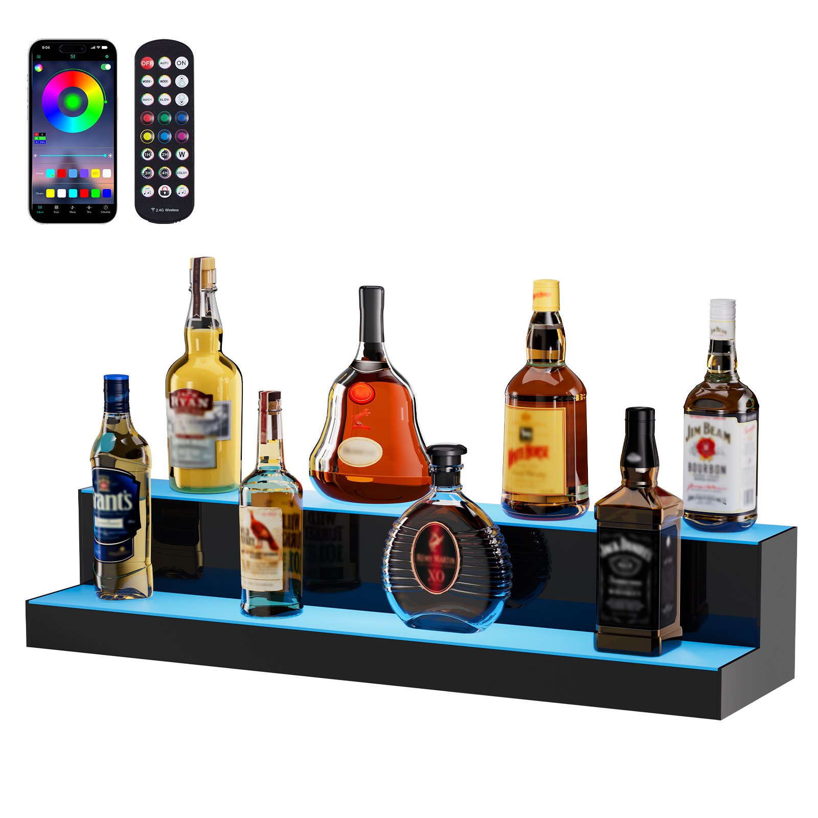VEVOR LED Lighted Liquor Bottle Display, 2 Tiers 30 Inch Commercial Illuminated Home Bar Shelf, 2 Steps Whiskey Rack Stand, Acrylic Drink Shelves with RF Remote & App Control, and Multicolor lighting