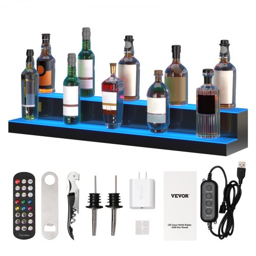 VEVOR LED Lighted Liquor Bottle Display, 2 Tiers 40 Inches, Illuminated Home Bar Shelf with RF Remote & App Control 7 Static Colors 1-4 H Timing, Acrylic Drinks Lighting Shelf for Holding 20 Bottles