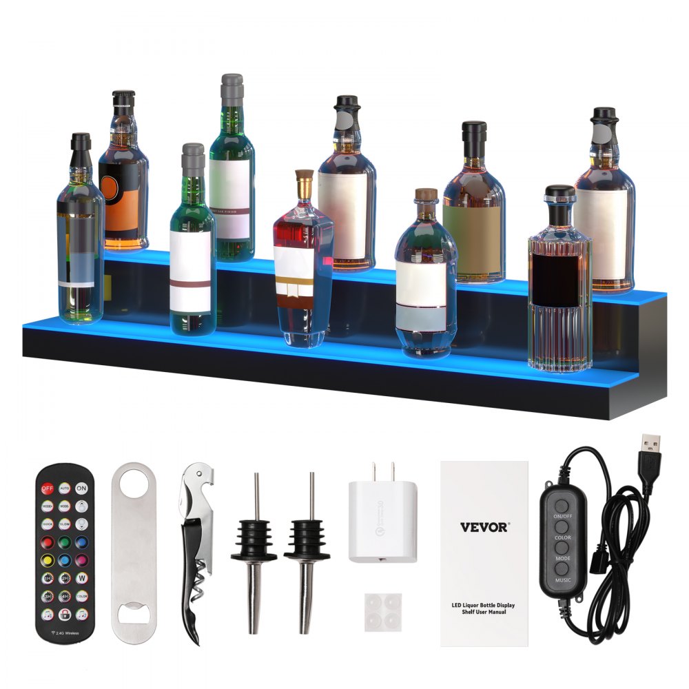 VEVOR Présentoir de bouteille d'alcool éclairé à LED, 2 étages de 40 pouces, étagère de bar à domicile éclairée avec télécommande RF et contrôle d'application 7 couleurs statiques 1-4 H Timing, étagère d'éclairage de boissons en acrylique pour contenir 20 bouteilles