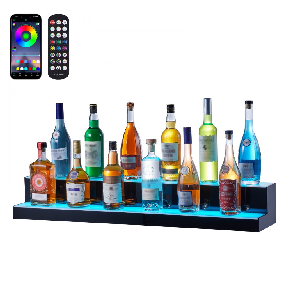 VEVOR led lighted liquor shelf with displayed bottles, remote control, accessories, and power adapter.