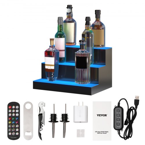VEVOR LED Lighted Liquor Bottle Display, 3 Tiers 16 Inches, Supports USB, Illuminated Home Bar Shelf with RF Remote & App Control 7 Static Colors 1-4 H Timing, Acrylic Lighting Shelf for 12 Bottles