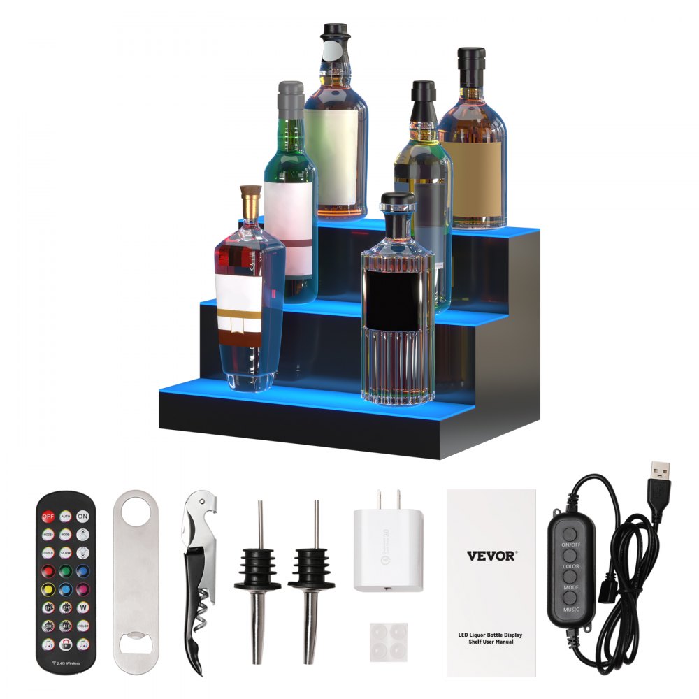 VEVOR led liquor display with remote, assorted liquor bottles, accessories, and usb power cable.