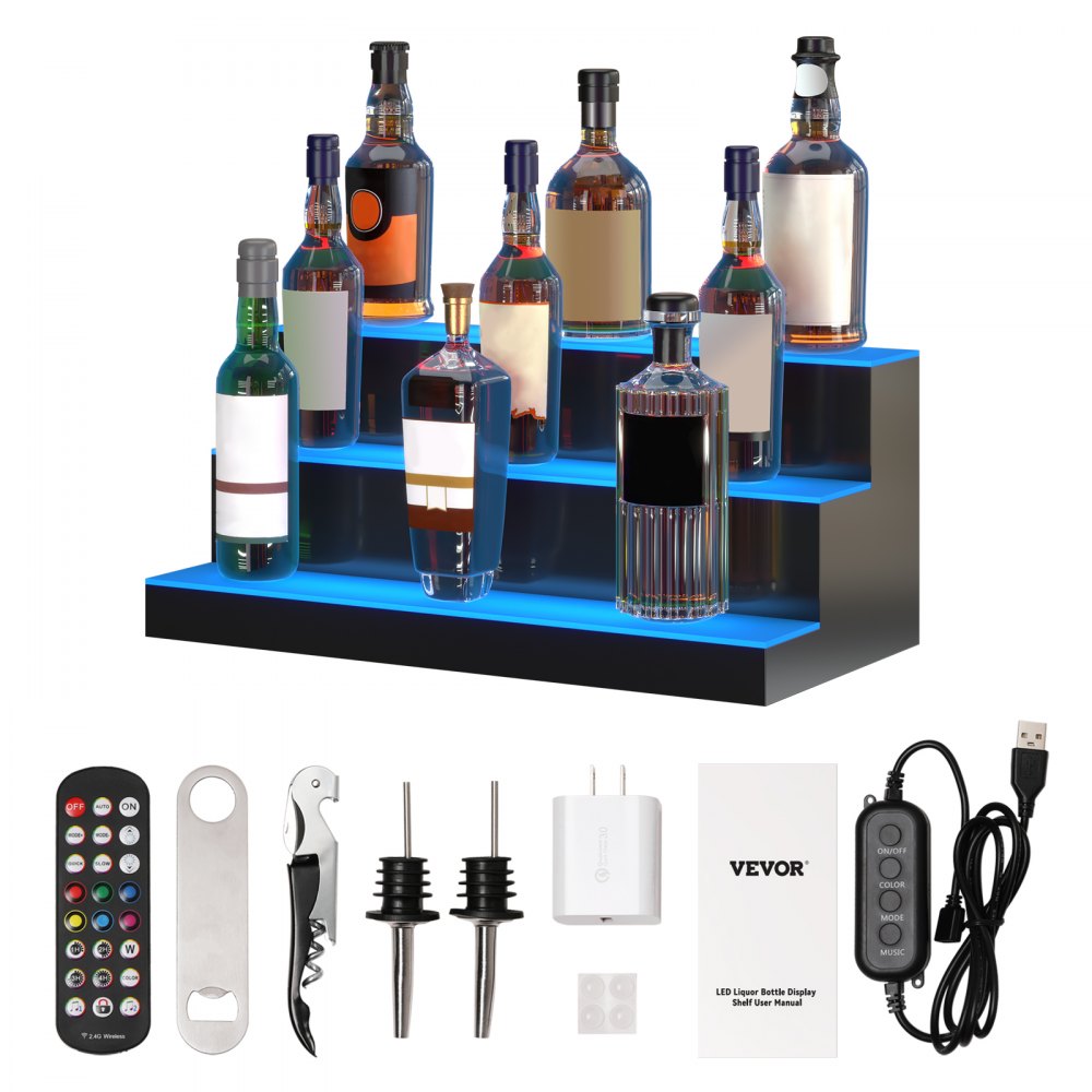 VEVOR Présentoir de bouteilles d'alcool éclairé à LED, 3 niveaux 24 pouces, prend en charge USB, étagère de bar illuminée avec télécommande RF et contrôle d'application 7 couleurs statiques 1-4 H Timing, étagère d'éclairage en acrylique pour 18 bouteilles