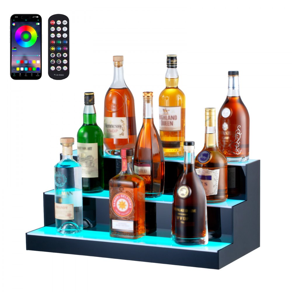 VEVOR led lighted liquor bottle display with accessories, featuring bottles on a 3-tiered illuminated stand.