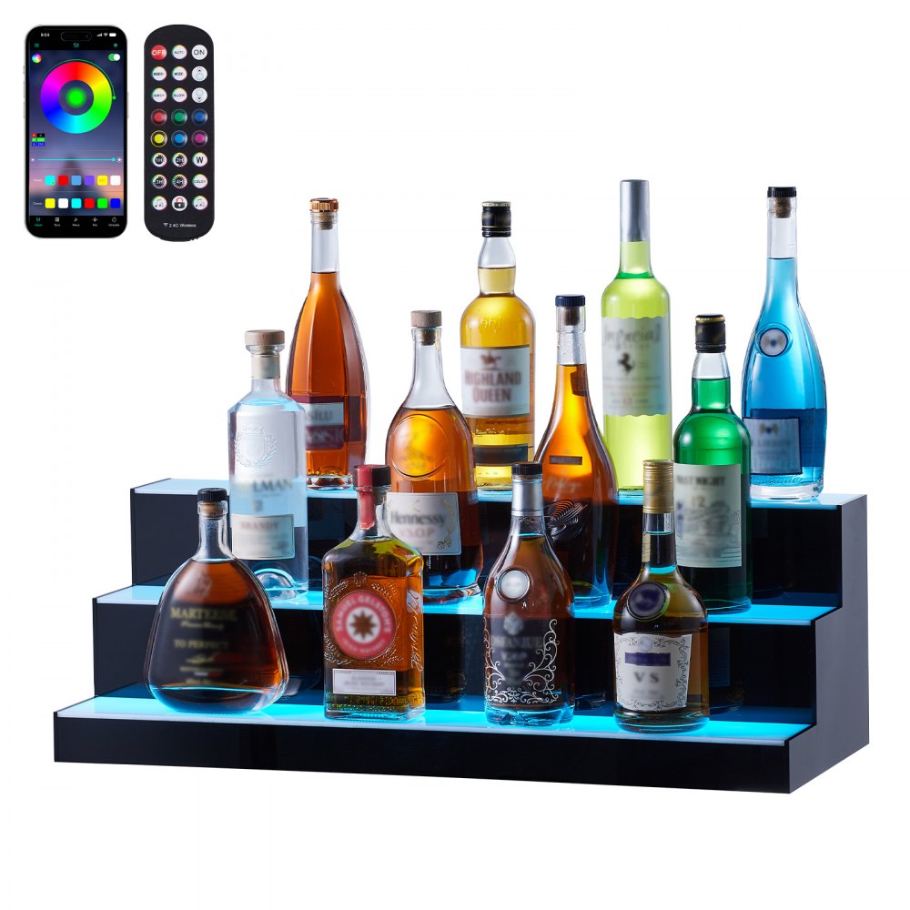 VEVOR led bar shelf displaying liquor bottles with accessories: remote, corkscrew, and bottle pourers.