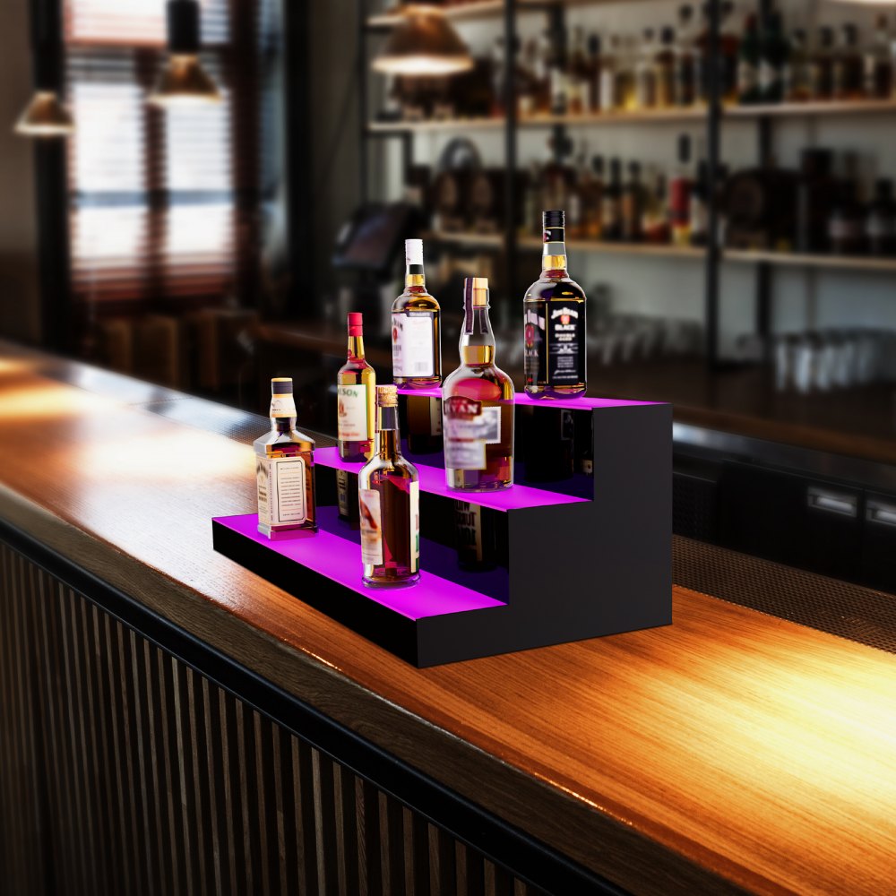 VEVOR LED Lighted Liquor Bottle Display, 3 Tiers 30 Inch Commercial Illuminated Home Bar Shelf, 3 Steps Whiskey Rack Stand, Acrylic Drink Shelves with RF Remote & App Control, and Multicolor lighting