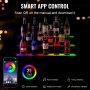 multicolor VEVOR led bar shelf with bottles, rf remote, and app displaying various features and controls.