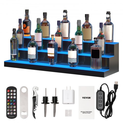 VEVOR LED Lighted Liquor Bottle Display, 3 Tiers 40 Inches, Illuminated Home Bar Shelf with RF Remote & App Control 7 Static Colors 1-4 H Timing, Acrylic Drinks Lighting Shelf for Holding 30 Bottles