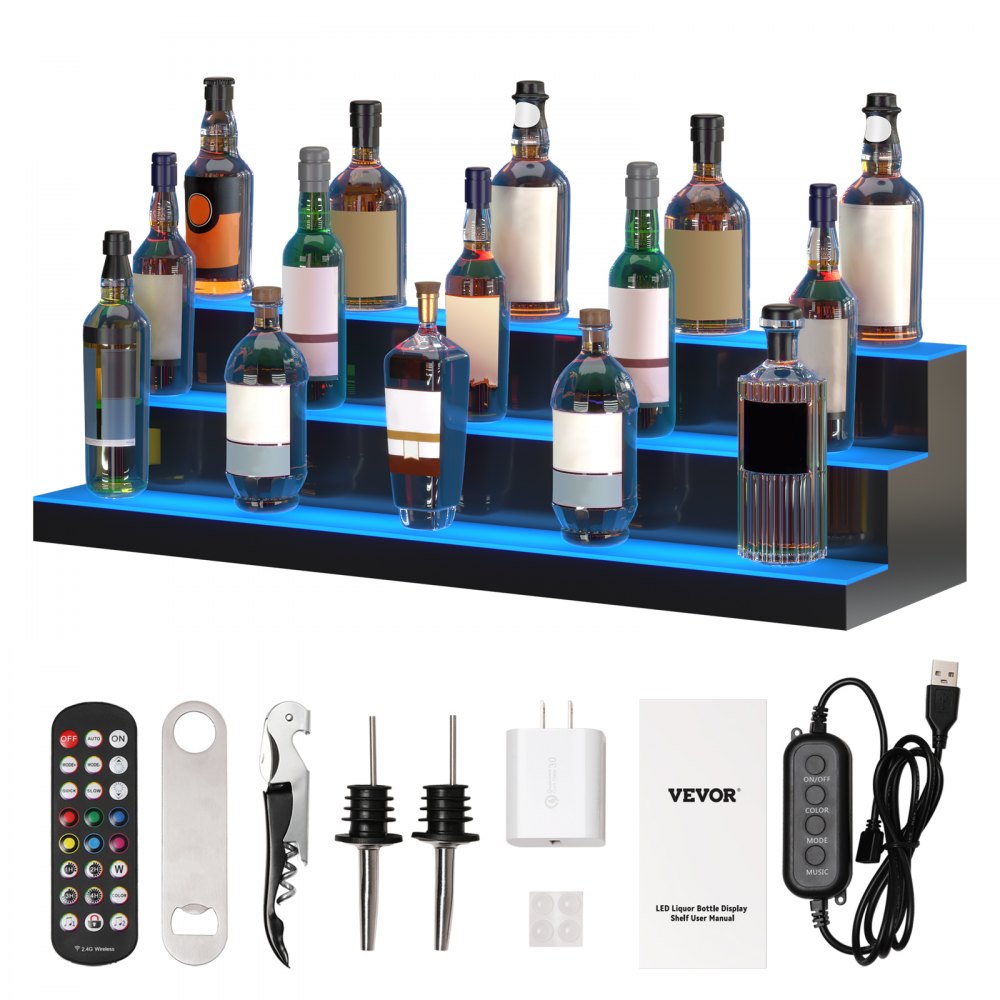 VEVOR Présentoir de bouteilles d'alcool éclairé à LED, 3 niveaux de 40 pouces, étagère de bar à domicile éclairée avec télécommande RF et contrôle d'application 7 couleurs statiques 1-4 H Timing, étagère d'éclairage de boissons en acrylique pour contenir 30 bouteilles