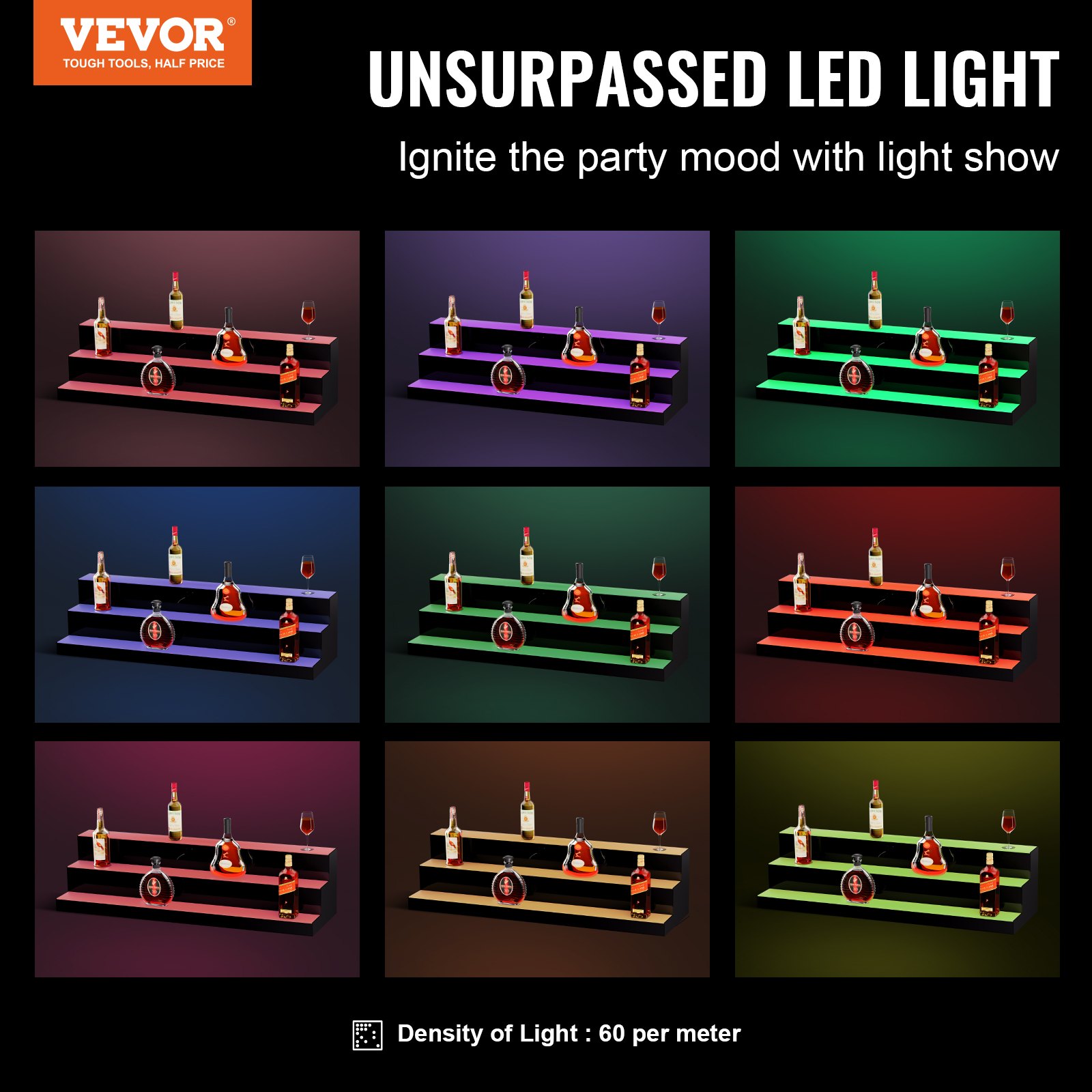 VEVOR LED Lighted Liquor Bottle Display, 3 Tiers 40 Inch Commercial Illuminated Home Bar Shelf, 3 Steps Whiskey Rack Stand, Acrylic Drink Shelves with RF Remote & App Control, and Multicolor lighting