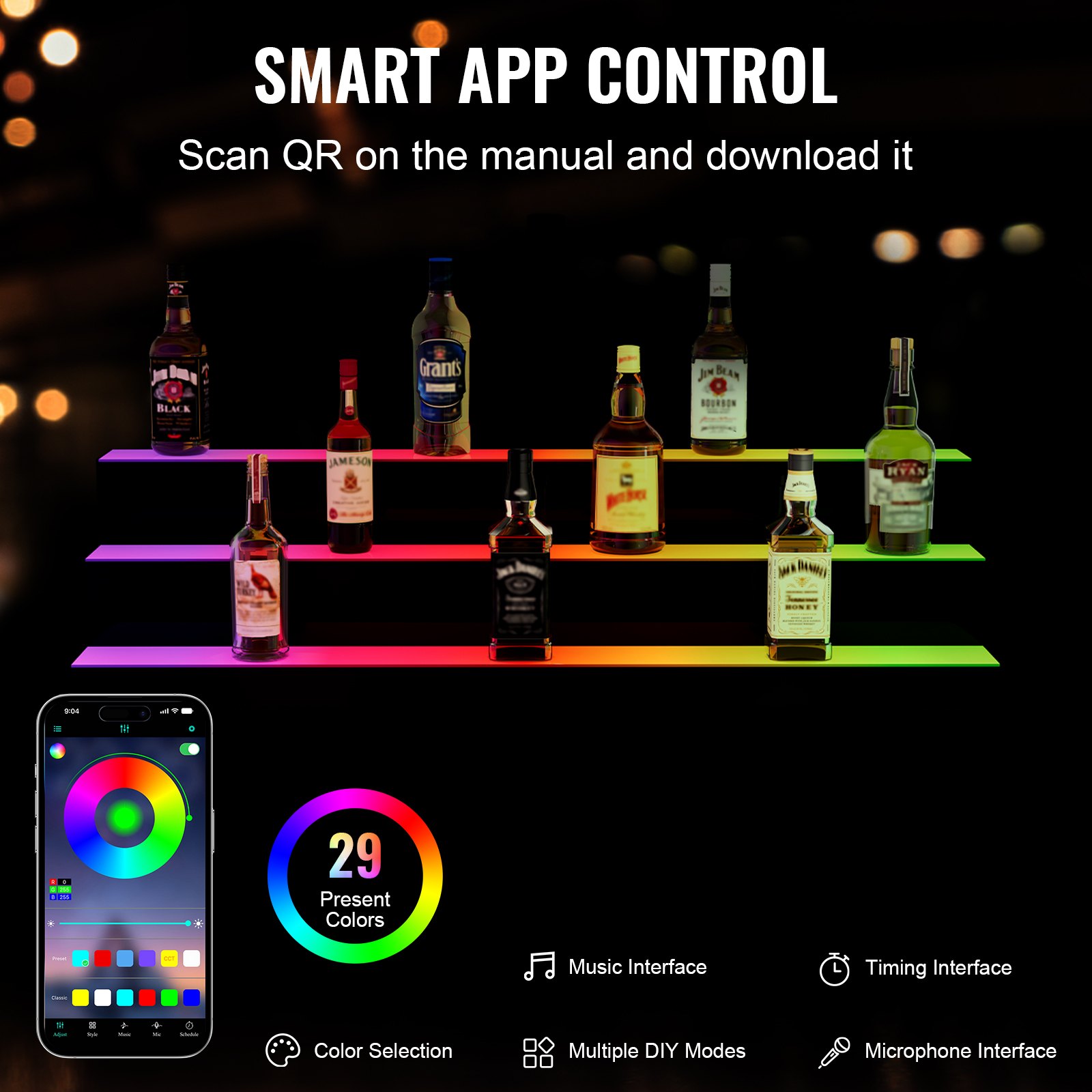 VEVOR LED Lighted Liquor Bottle Display, 3 Tiers 40 Inch Commercial Illuminated Home Bar Shelf, 3 Steps Whiskey Rack Stand, Acrylic Drink Shelves with RF Remote & App Control, and Multicolor lighting