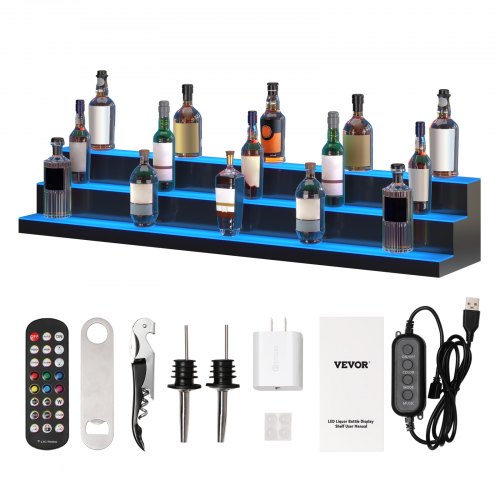VEVOR LED Lighted Liquor Bottle Display, 3 Tiers 60 Inches, Illuminated Home Bar Shelf with RF Remote & App Control 7 Static Colors 1-4 H Timing, Acrylic Drinks Lighting Shelf for Holding 54 Bottles