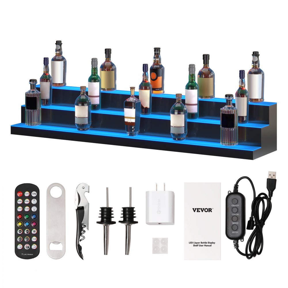VEVOR Présentoir de bouteilles d'alcool éclairé à LED, 3 niveaux 60 pouces, étagère de bar à domicile éclairée avec télécommande RF et contrôle d'application 7 couleurs statiques 1-4 H Timing, étagère d'éclairage de boissons en acrylique pour contenir 54 bouteilles