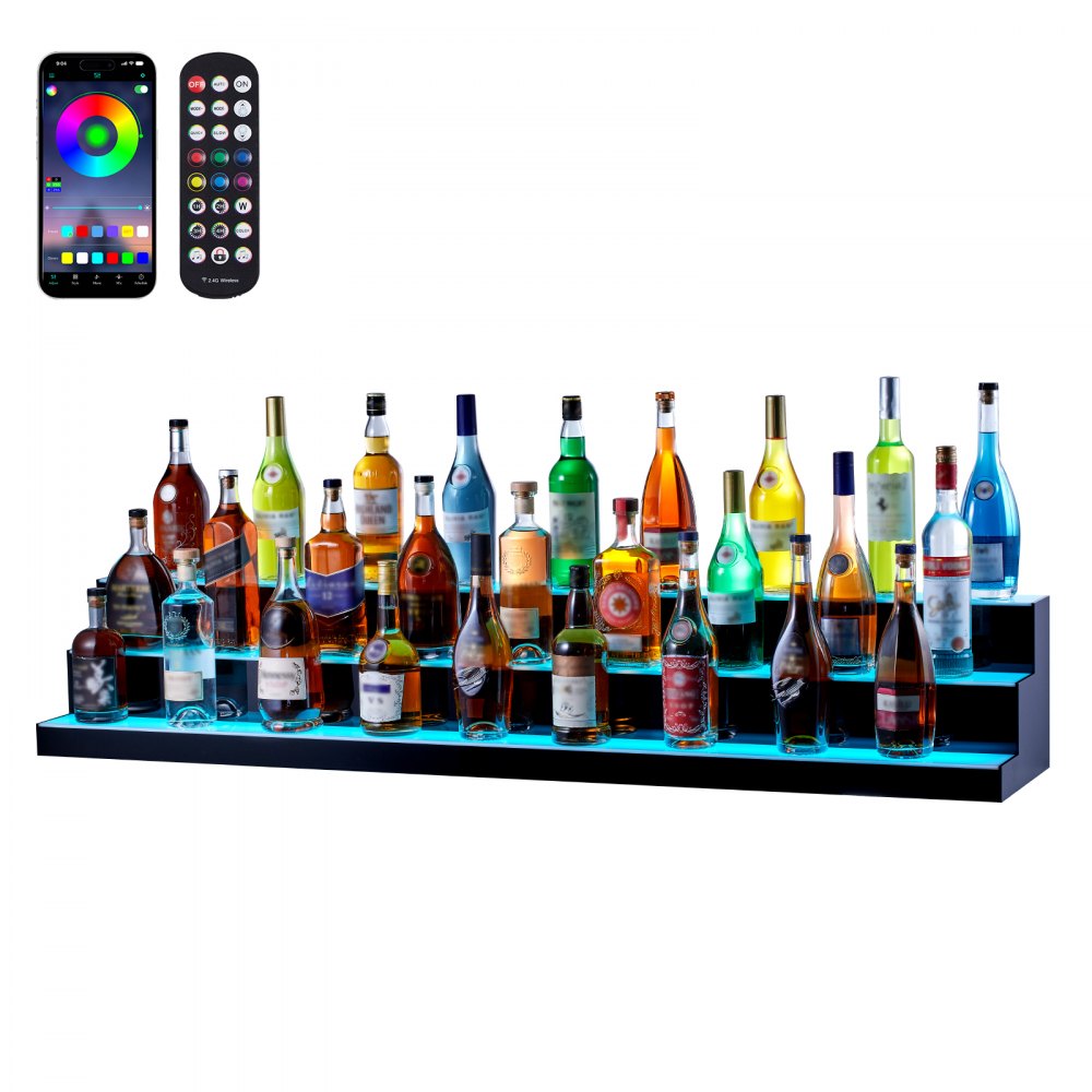 VEVOR led liquor bottle display with remote, corkscrew, pourers, charger, and control accessories.