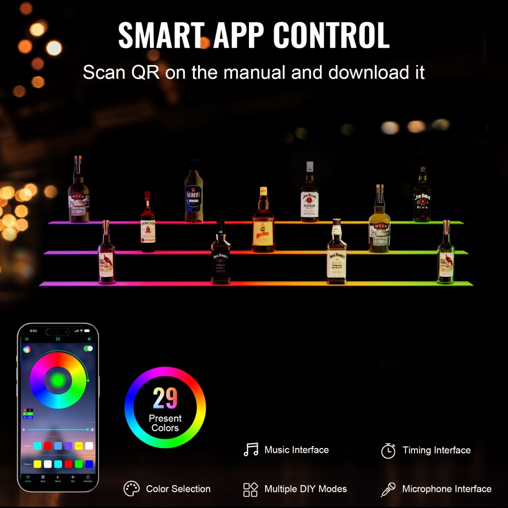 VEVOR LED Lighted Liquor Bottle Display, 3 Tiers 60 Inch Commercial Illuminated Home Bar Shelf, 3 Steps Whiskey Rack Stand, Acrylic Drink Shelves with RF Remote & App Control, and Multicolor lighting