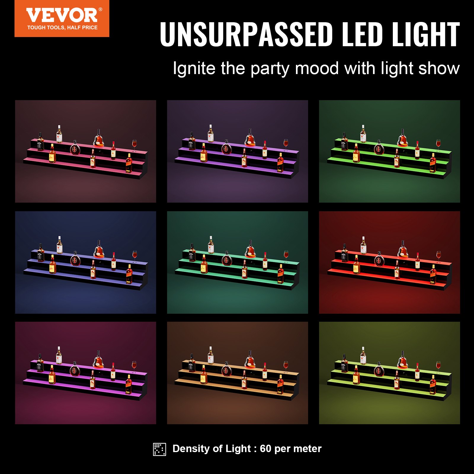 VEVOR LED Lighted Liquor Bottle Display, 3 Tiers 60 Inch Commercial Illuminated Home Bar Shelf, 3 Steps Whiskey Rack Stand, Acrylic Drink Shelves with RF Remote & App Control, and Multicolor lighting